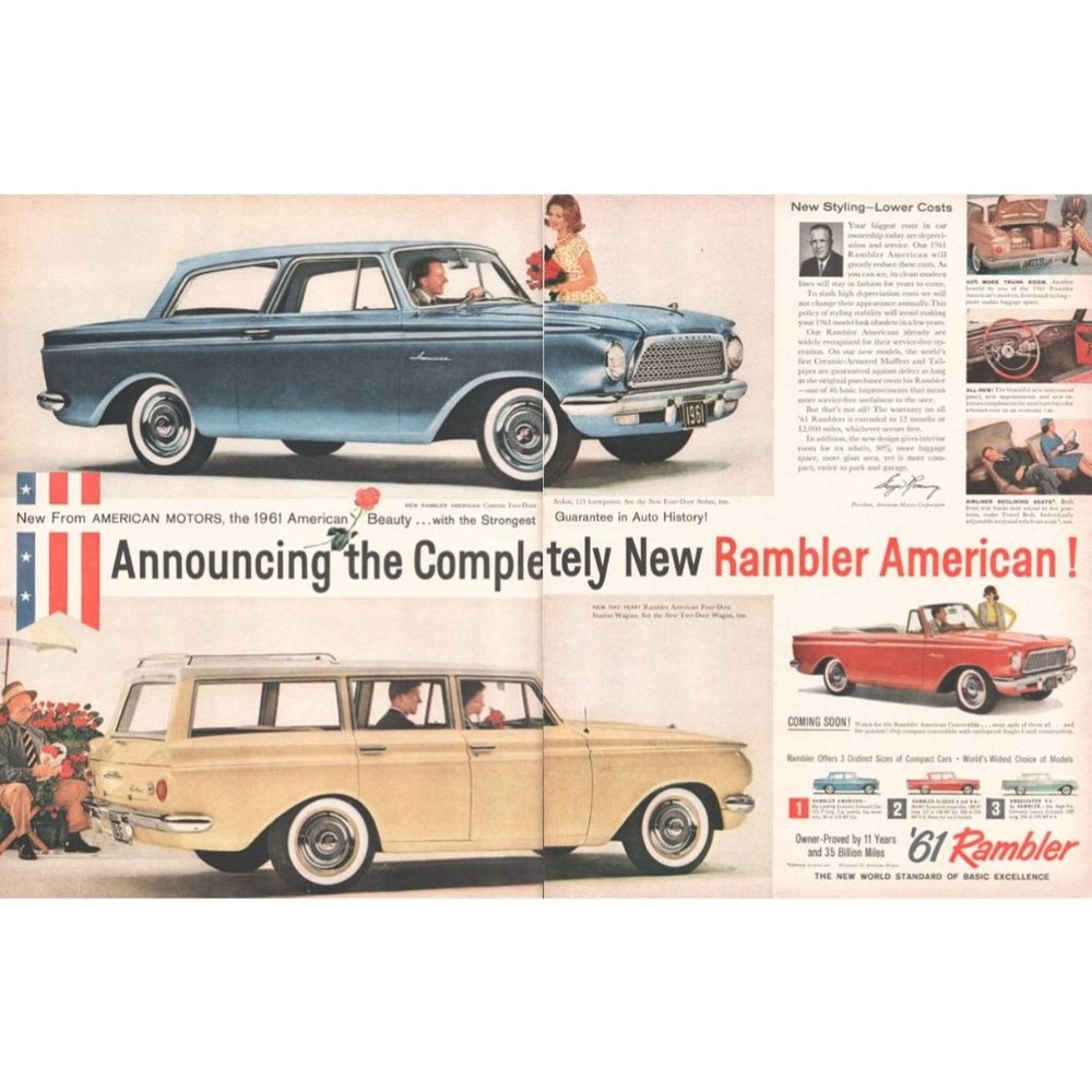 1961 AMC Rambler American Custom 2 Door 2 Page Vintage Print Ad Roes Flowers Art
